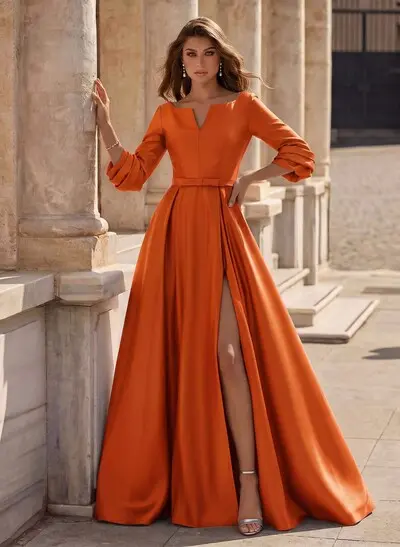 A-Line V-Neck 3/4 Sleeves Floor-Length Satin Prom Dresses With High Split