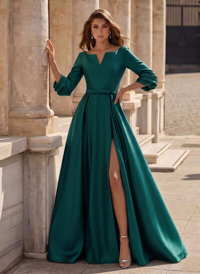 A-Line V-Neck 3/4 Sleeves Floor-Length Satin Prom Dresses With High Split