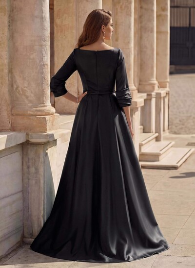 A-Line V-Neck 3/4 Sleeves Floor-Length Satin Prom Dresses With High Split
