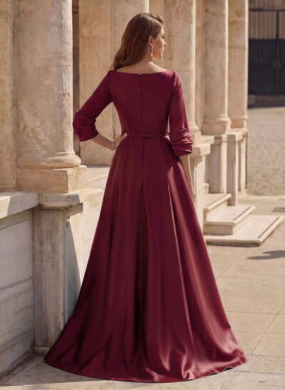 A-Line V-Neck 3/4 Sleeves Floor-Length Satin Prom Dresses With High Split