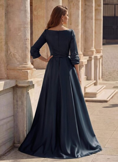 A-Line V-Neck 3/4 Sleeves Floor-Length Satin Prom Dresses With High Split