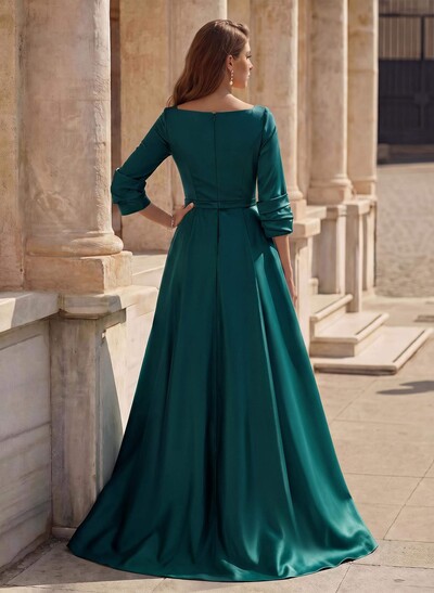 A-Line V-Neck 3/4 Sleeves Floor-Length Satin Prom Dresses With High Split