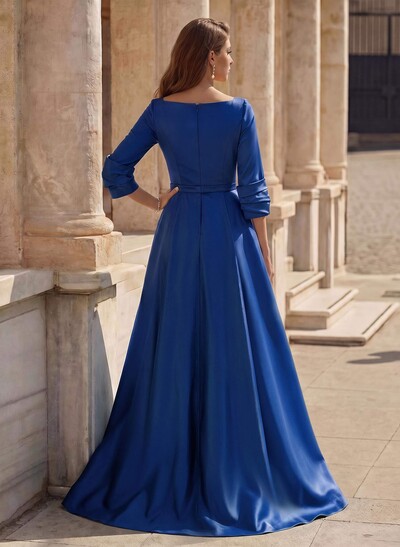 A-Line V-Neck 3/4 Sleeves Floor-Length Satin Prom Dresses With High Split