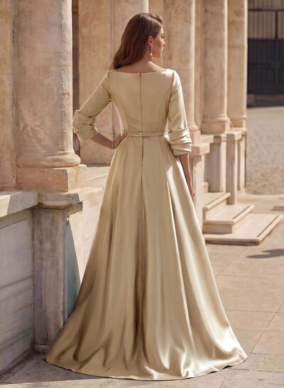 A-Line V-Neck 3/4 Sleeves Floor-Length Satin Prom Dresses With High Split