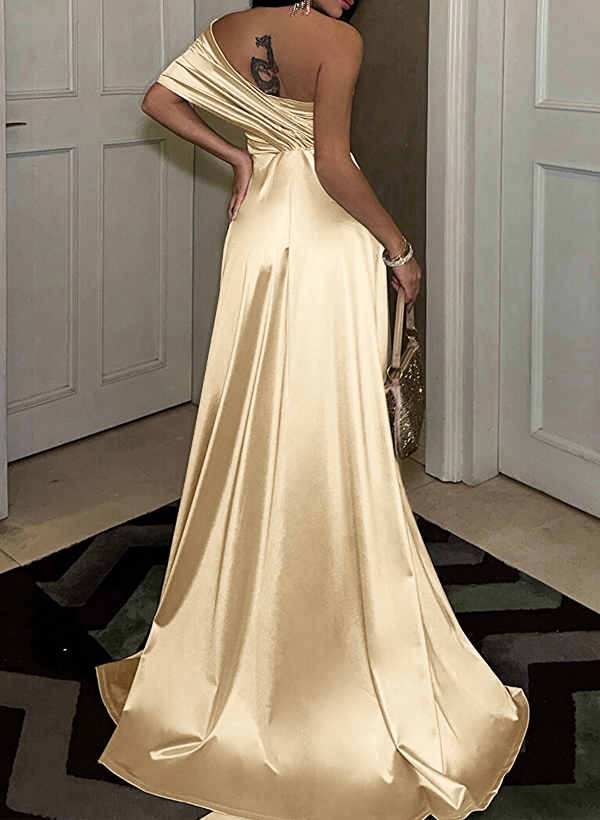 Sheath/Column Off-The-Shoulder Silk Like Satin Prom Dresses With High Split