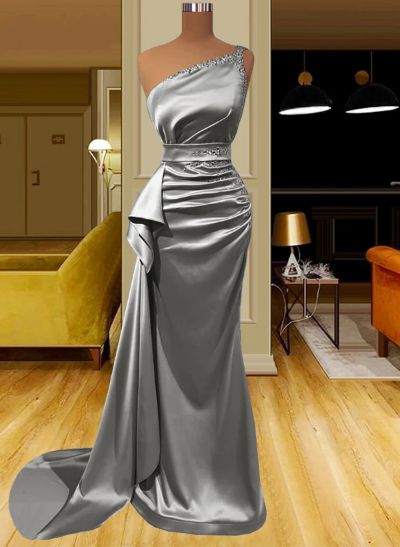 Sheath/Column One-Shoulder Silk Like Satin Prom Dresses With Ruffle