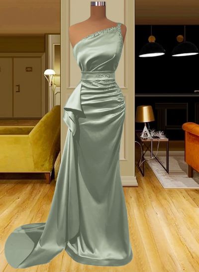 Sheath/Column One-Shoulder Silk Like Satin Prom Dresses With Ruffle