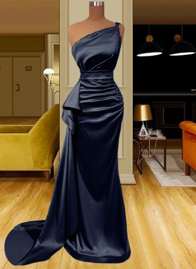 Sheath/Column One-Shoulder Silk Like Satin Prom Dresses With Ruffle