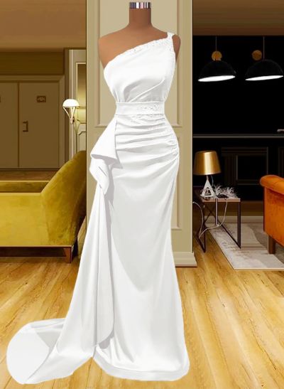 Sheath/Column One-Shoulder Silk Like Satin Prom Dresses With Ruffle