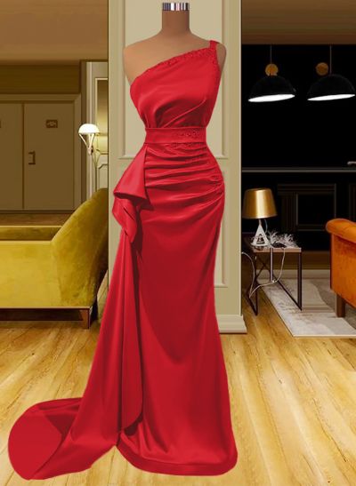 Sheath/Column One-Shoulder Silk Like Satin Prom Dresses With Ruffle