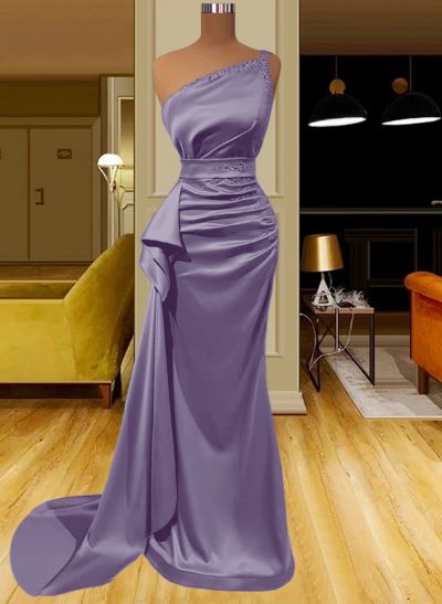 Sheath/Column One-Shoulder Silk Like Satin Prom Dresses With Ruffle