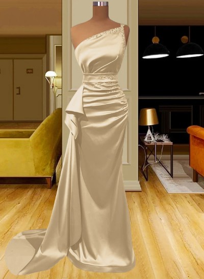 Sheath/Column One-Shoulder Silk Like Satin Prom Dresses With Ruffle