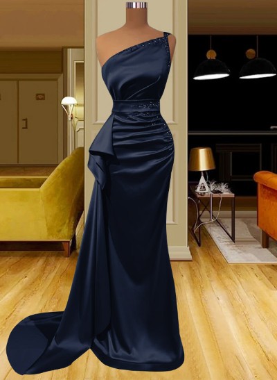 Sheath/Column One-Shoulder Silk Like Satin Prom Dresses With Ruffle