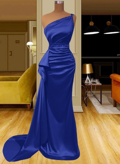 Sheath/Column One-Shoulder Silk Like Satin Prom Dresses With Ruffle