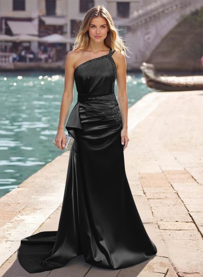 Sheath/Column One-Shoulder Silk Like Satin Prom Dresses With Ruffle