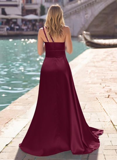 Sheath/Column One-Shoulder Silk Like Satin Prom Dresses With Ruffle