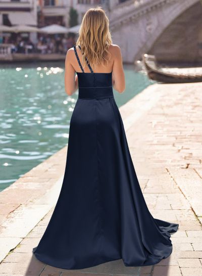 Sheath/Column One-Shoulder Silk Like Satin Prom Dresses With Ruffle