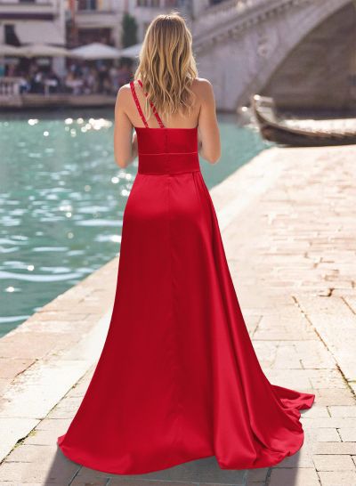 Sheath/Column One-Shoulder Silk Like Satin Prom Dresses With Ruffle