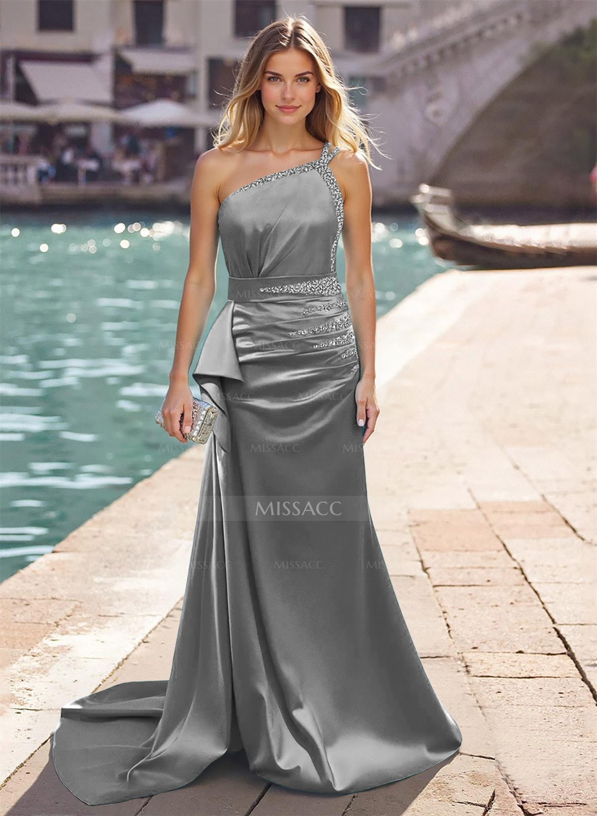 Sheath/Column One-Shoulder Silk Like Satin Prom Dresses With Ruffle