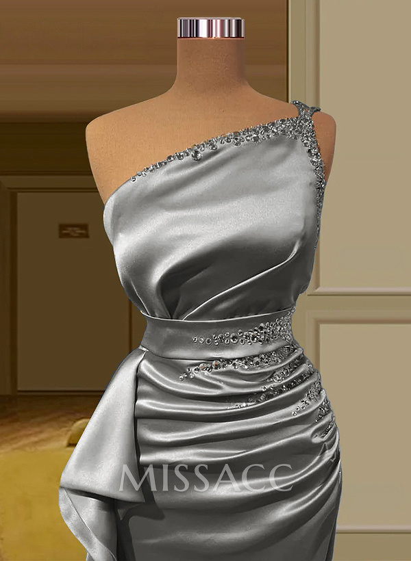 Sheath/Column One-Shoulder Silk Like Satin Prom Dresses With Ruffle