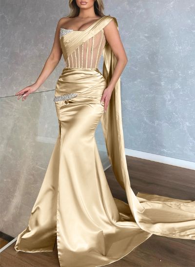 Trumpet/Mermaid One-Shoulder Silk Like Satin Prom Dresses With High Split