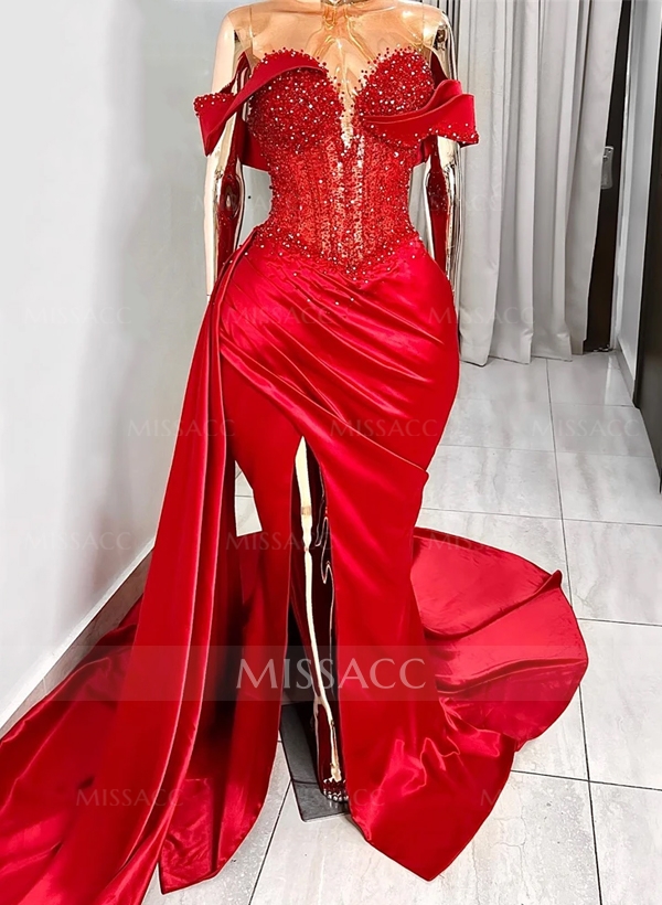 Trumpet/Mermaid Sweetheart Silk Like Satin Prom Dresses With High Split