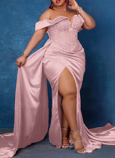 Trumpet/Mermaid Sweetheart Silk Like Satin Prom Dresses With High Split