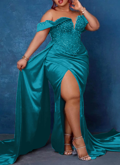 Trumpet/Mermaid Sweetheart Silk Like Satin Prom Dresses With High Split