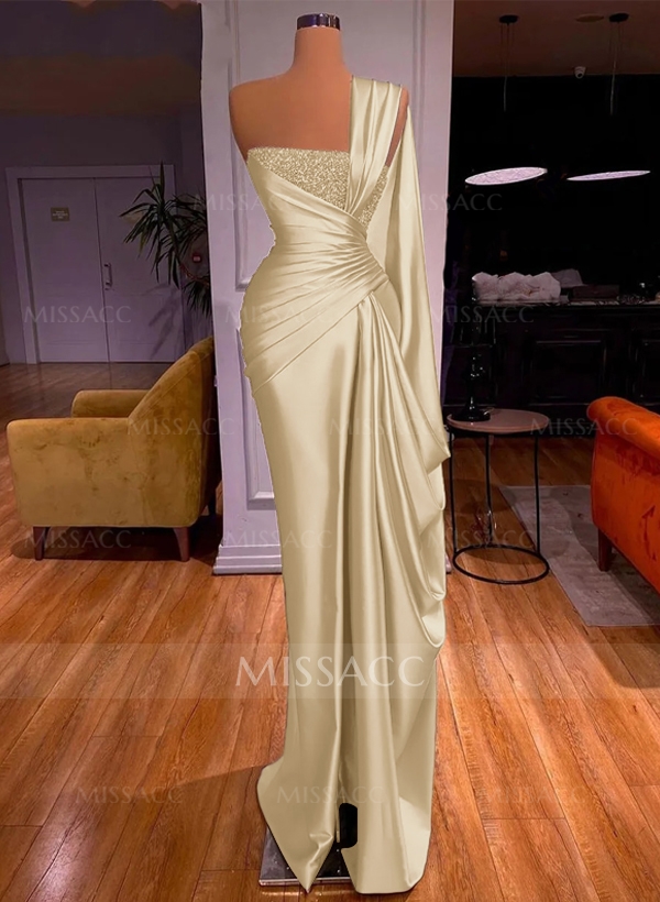 Trumpet/Mermaid One-Shoulder Silk Like Satin Prom Dresses With Pleated