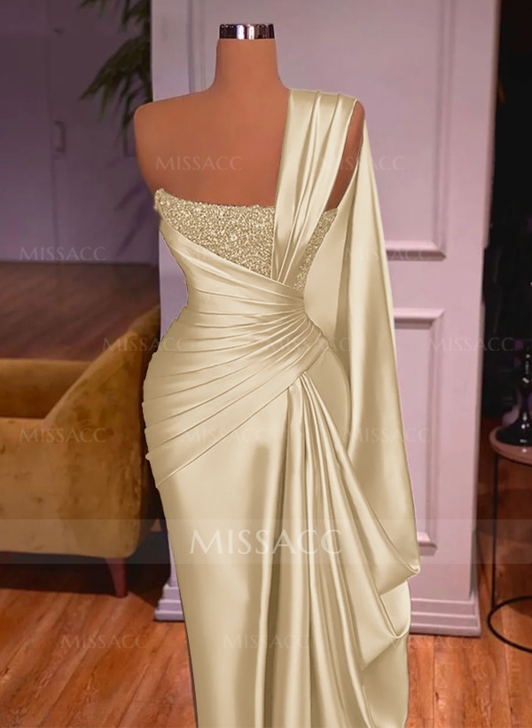 Trumpet/Mermaid One-Shoulder Silk Like Satin Prom Dresses With Pleated