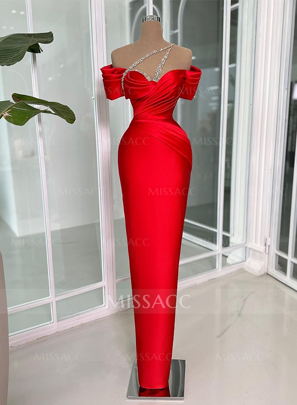 Sheath/Column One-Shoulder Sleeveless Floor-Length Satin Prom Dresses