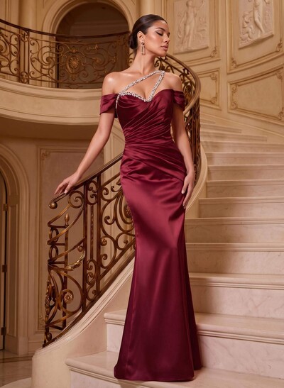 Sheath/Column One-Shoulder Sleeveless Floor-Length Satin Prom Dresses