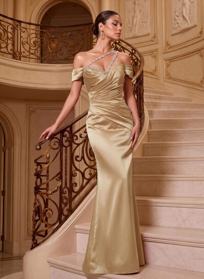 Sheath/Column One-Shoulder Sleeveless Floor-Length Satin Prom Dresses