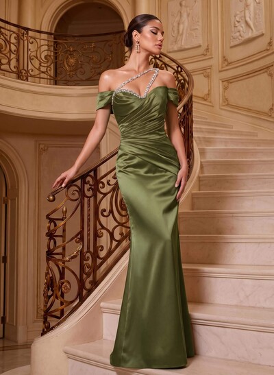 Sheath/Column One-Shoulder Sleeveless Floor-Length Satin Evening Dresses