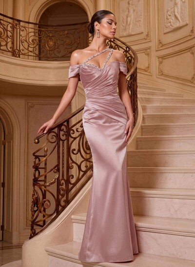 Sheath/Column One-Shoulder Sleeveless Floor-Length Satin Evening Dresses