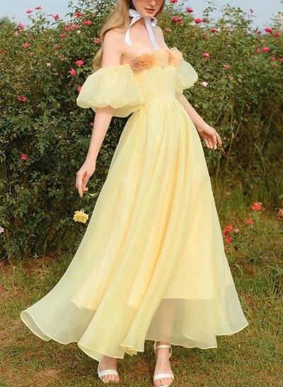 A-Line Off-The-Shoulder Short Sleeves Chiffon Prom Dresses With Flower(s)