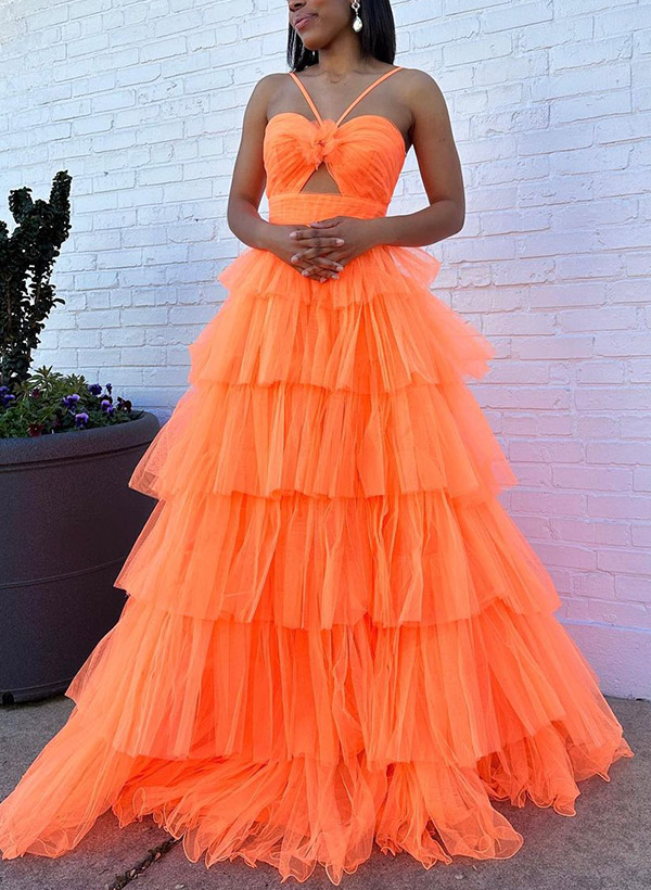 A-Line Strapless Sleeveless Sweep Train Tulle With Cascading Ruffles