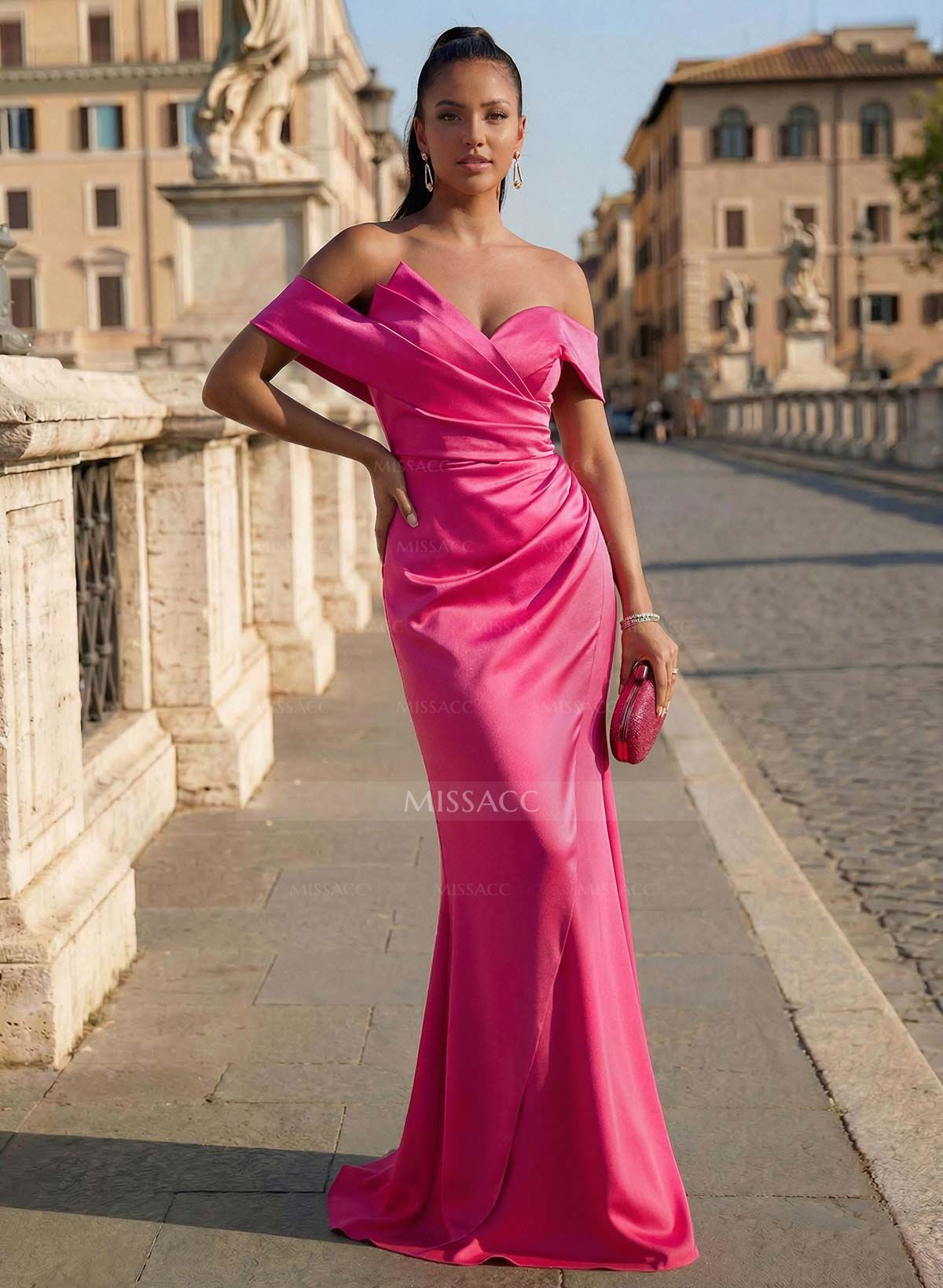 Sheath/Column Off-The-Shoulder Sleeveless Sweep Train Satin Prom Dresses