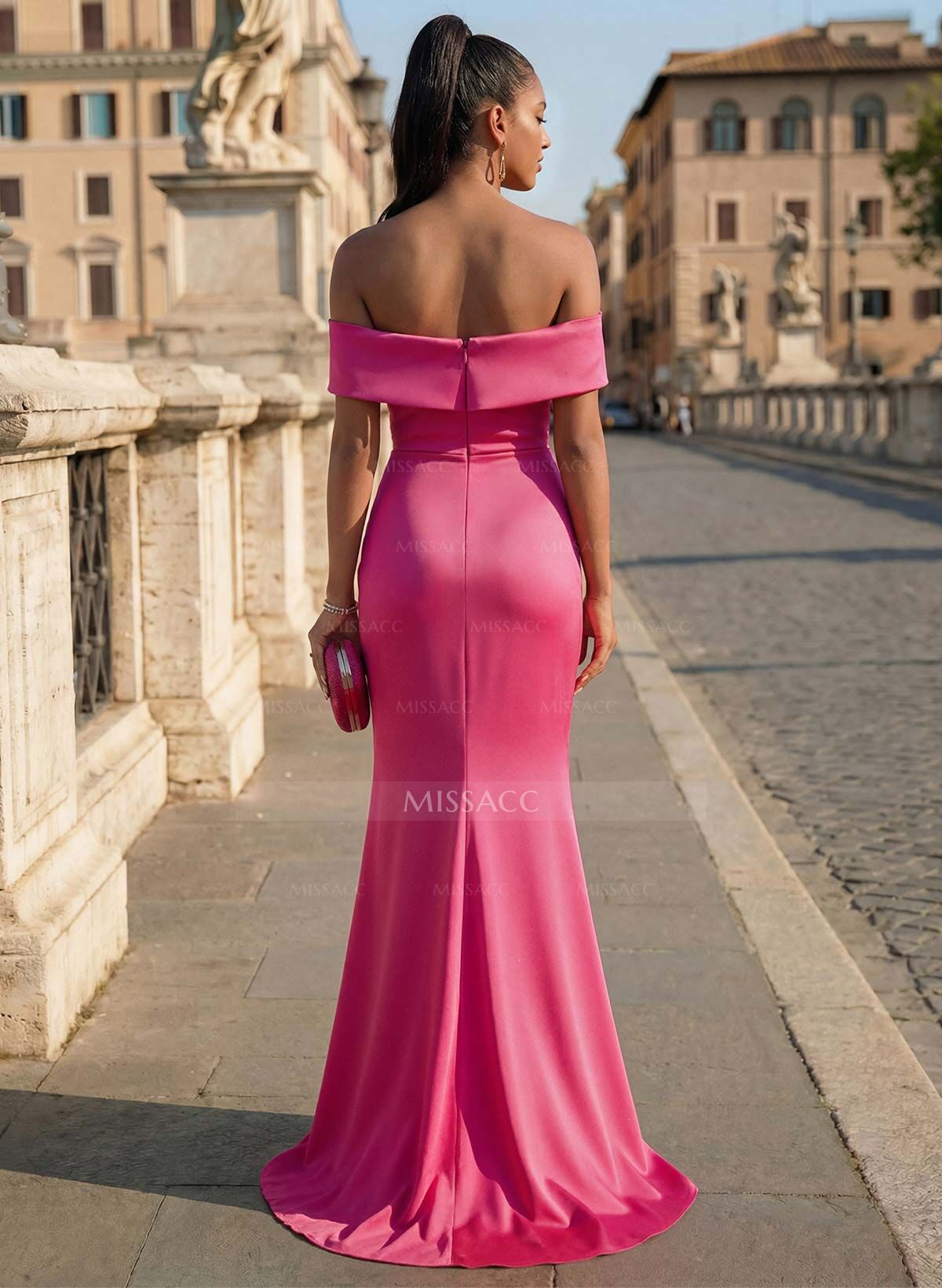 Sheath/Column Off-The-Shoulder Sleeveless Sweep Train Satin Prom Dresses