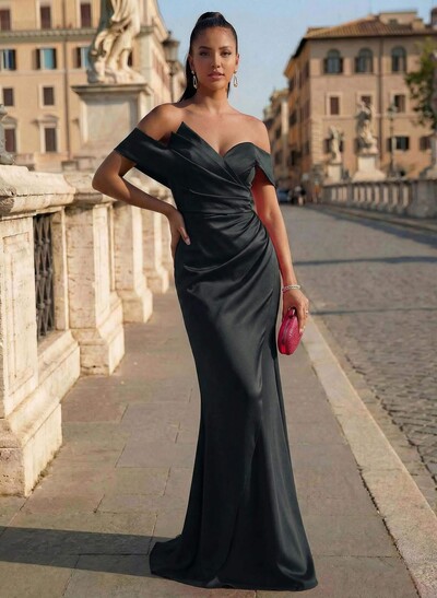 Sheath/Column Off-The-Shoulder Sleeveless Sweep Train Satin Prom Dresses