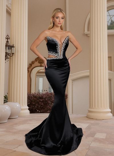 Trumpet/Mermaid Strapless Sleeveless Sweep Train Silk Like Satin Prom Dresses