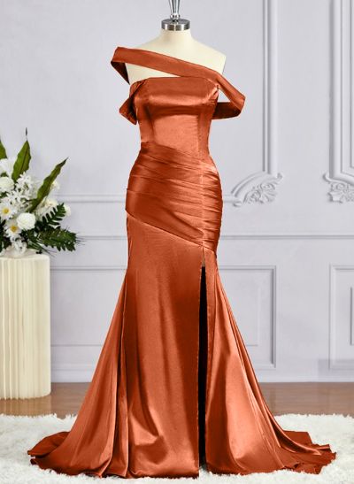 Trumpet/Mermaid Asymmetrical Silk Like Satin Bridesmaid Dresses With High Split
