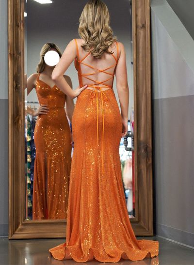 Trumpet/Mermaid V-Neck Sleeveless Sequined Prom Dresses With High Split