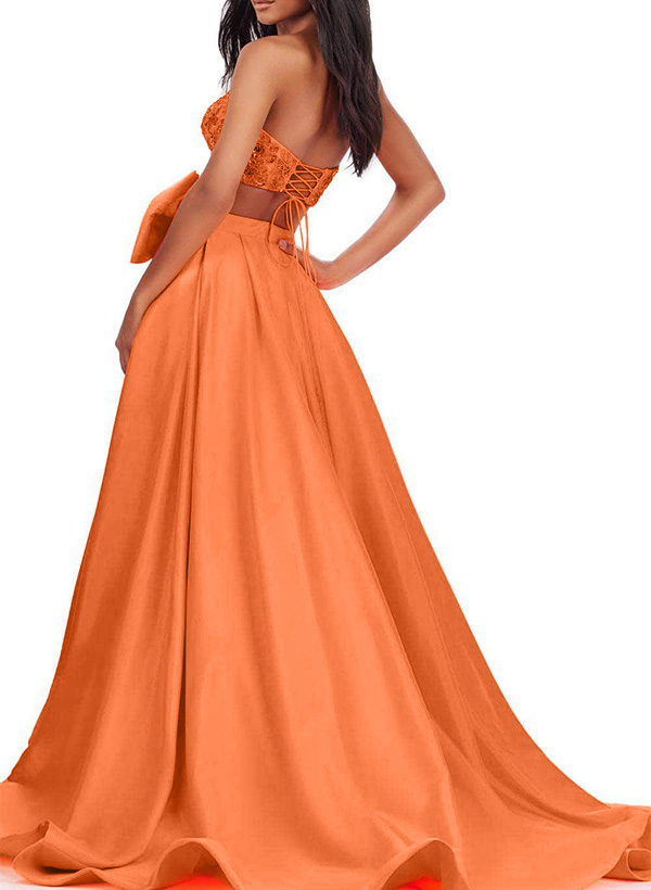 A-Line Strapless Sleeveless Satin/Sequined Prom Dresses With Bow(s)