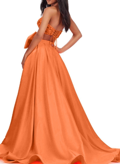 A-Line Strapless Sleeveless Satin/Sequined Prom Dresses With Bow(s)