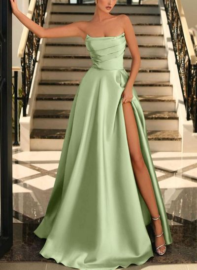 A-Line Strapless Sleeveless Floor-Length Satin Prom Dresses With High Split