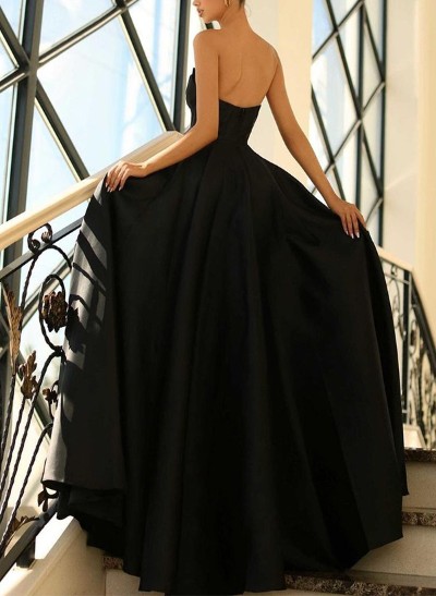 A-Line Strapless Sleeveless Floor-Length Satin Prom Dresses With High Split