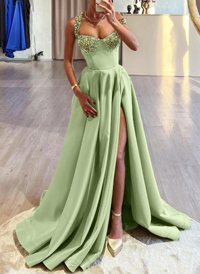 A-Line Off-The-Shoulder Sleeveless Satin Prom Dresses With High Split