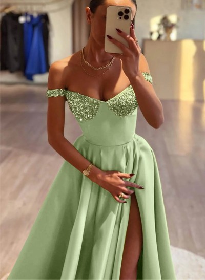 A-Line Off-The-Shoulder Sleeveless Satin Prom Dresses With High Split