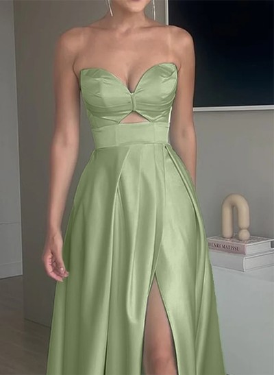 A-Line Sweetheart Sleeveless Satin Prom Dresses With High Split
